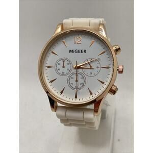 MiGeer Womens Rose Gold Watch White Silicone Band New Battery!
